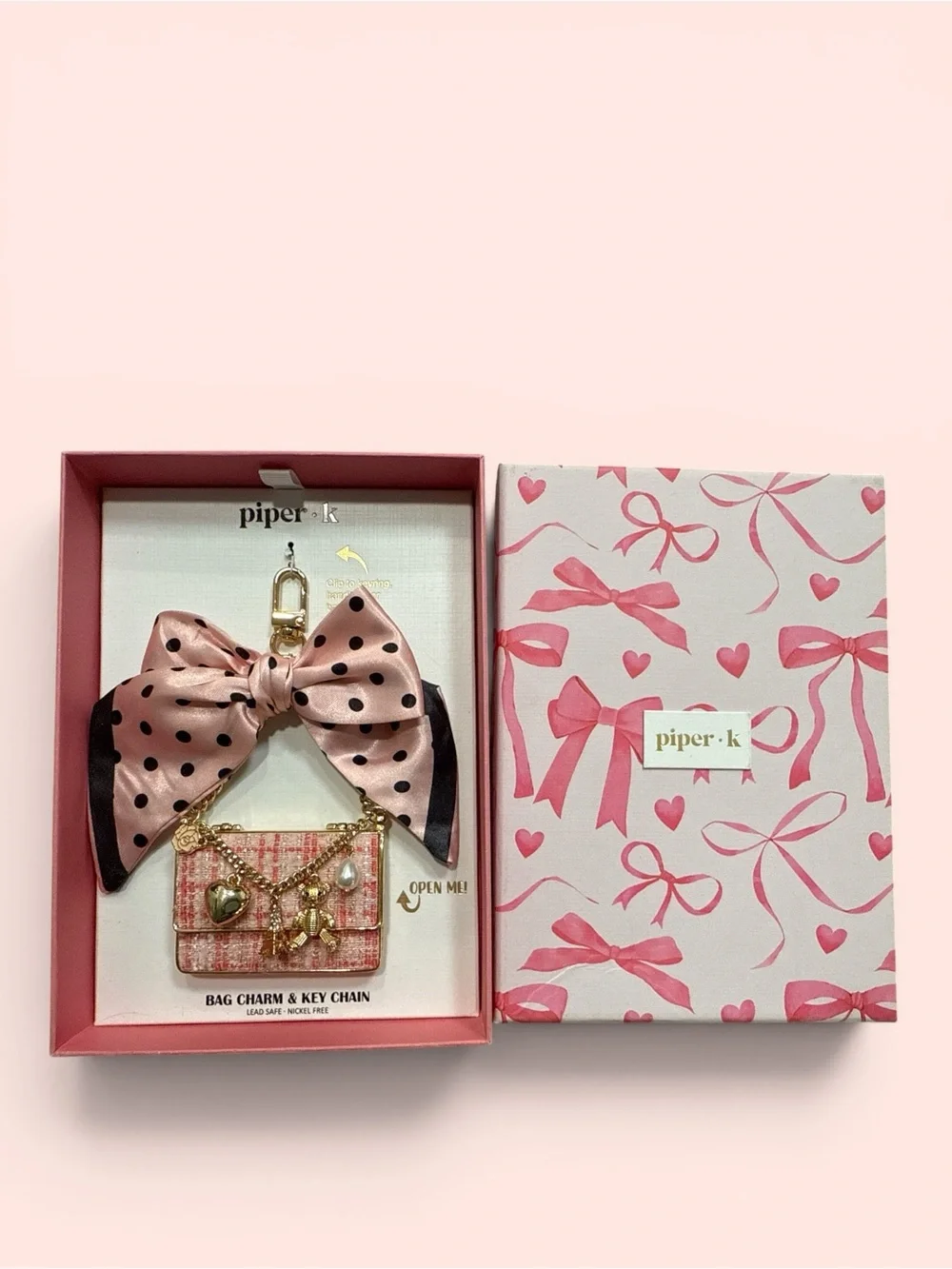 Piper K Pink Polka Dot Bow and Purse Bag Charm